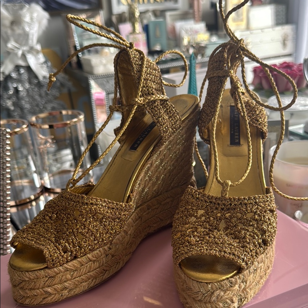 Elegant Ralph Lauren Runway Gold Wedge Sandals with Ankle Strap